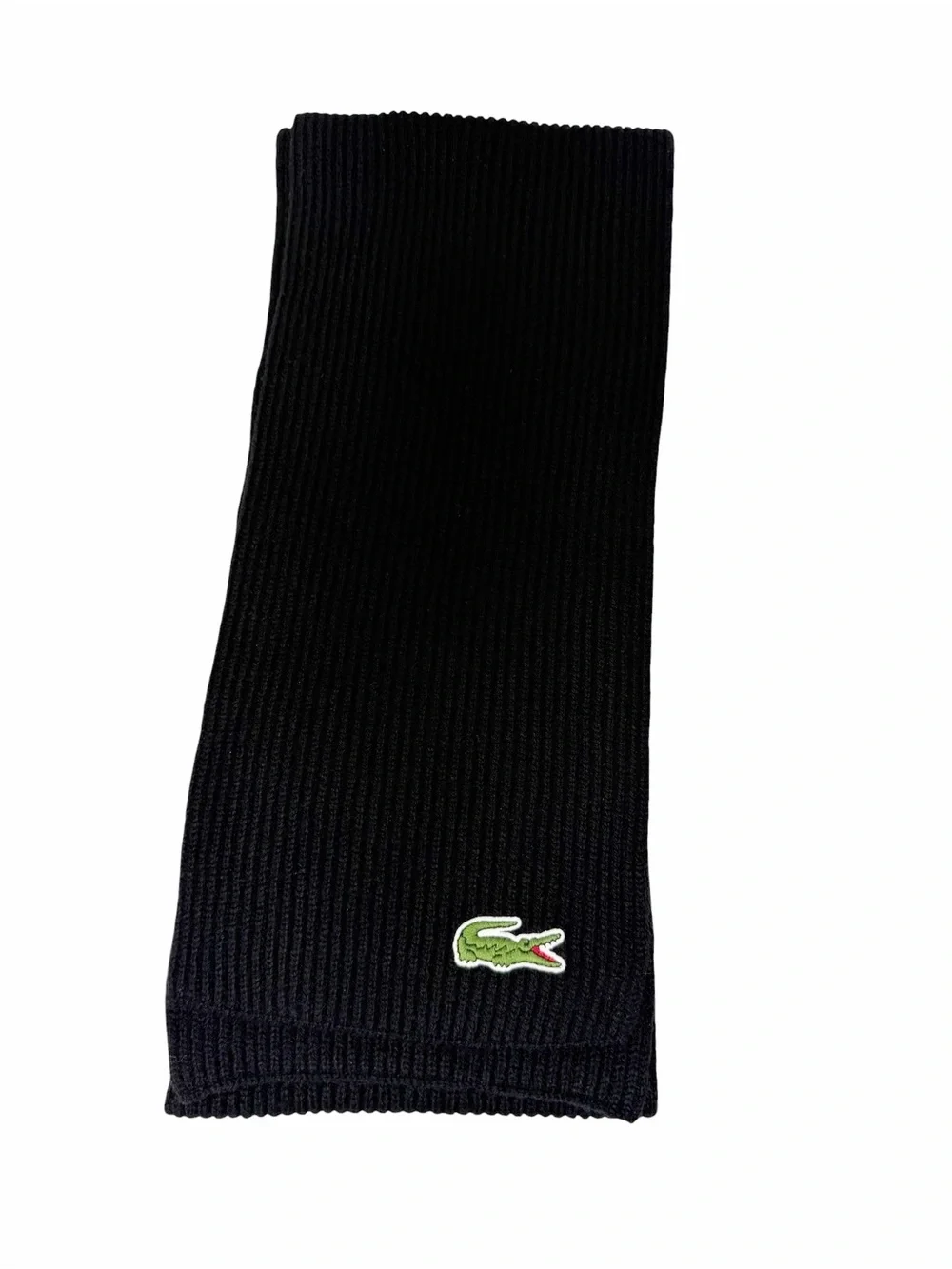 Lacoste Black Ribbed Knit Wool Scarf Unisex